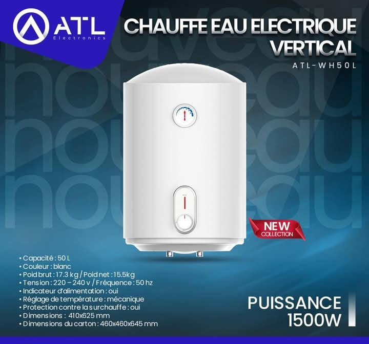 CHAUFFE EAU ELECTRIQUE VERTICAL ATL / 50 LITRES / 1500W/ ATL-WH50L COULEUR BLANC CHAUFFE EAU ELECTRIQUE VERTICAL ATL / 50 LITRES / 1500W/ ATL-WH50L COULEUR BLANC
